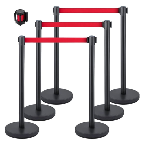 Crowd Control Stanchion, Set of 6 Pieces Stanchion Set, Stanchion Set with 6.6 ft/2 m Red Retractable Belt, Crowd Control Barrier with Rubber Base Easy Connect Assembly for Crowd Control (Blac