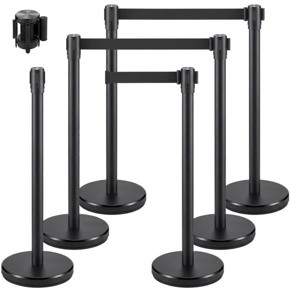 Crowd Control Stanchion Set of 6, 6.6 ft Black Retractable Belt Barrier with Heavy-Duty Weighted Base, Easy Connect Assembly