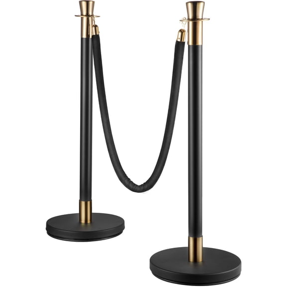 Crowd Control Stanchion Set of 6 with 5 ft Black Velvet Rope, Heavy-Duty Metal and Concrete Base Easy Connect Assembly for Queue Barriers