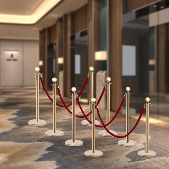 Crowd Control Stanchion Set of 8 Pieces Stanchion Set Stanchion Set with 5 ft/1.5 m Red Velvet Rope Gold Crowd Control Barrier w Metal Base