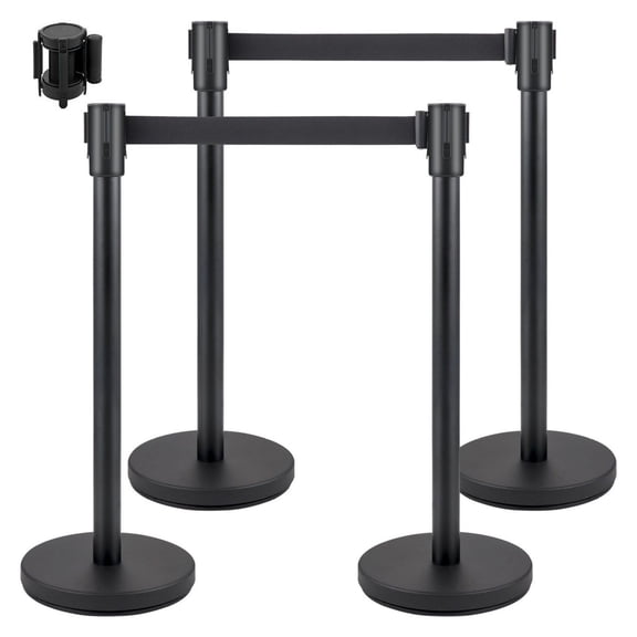 Crowd Control Stanchions 4-Pack, 6.6ft Retractable Belt, Black Steel Barriers for Airports, Events, and Queues - Heavy Duty Base & Easy Assembly