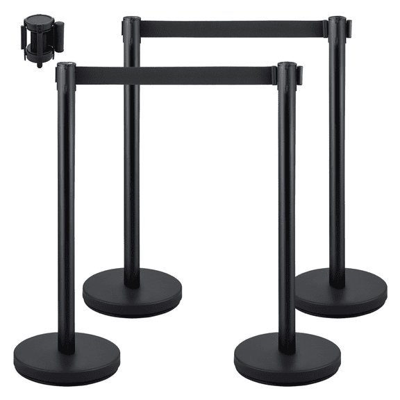 Crowd Control Stanchions 4-Pack, Black Retractable Belt Barriers - 6.6ft, Stainless Steel Post & Concrete Base, Easy Connect for Queuing & Line Management