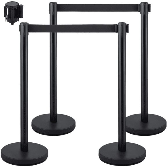Crowd Control Stanchions, 4-Pack Retractable Barrier Set - 6.6 ft Black Belt, Stainless Steel Posts with Concrete Base - Easy Connect for Queues, Events, Security