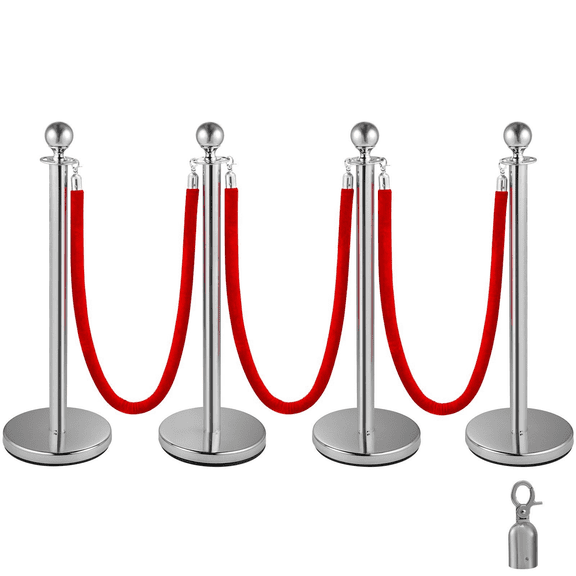 Crowd Control Stanchions 4-Pack, Silver Queue Posts with 5ft Red Rope, Stainless Steel Barriers for Events, Hotels, Theaters, and Red Carpet