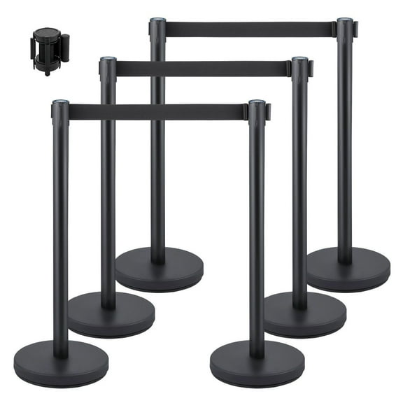 Crowd Control Stanchions 6-Pack, 6.6ft Retractable Belt Barriers, Stainless Steel Queue Posts with Concrete Base - Black Line Management for Airports, Events, Banks