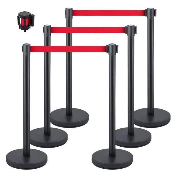 Crowd Control Stanchions 6-Pack, 6.6ft Retractable Belt Barriers - Stainless Steel Queue Posts with Rubber Base, Easy Connect for Events, Airports, Theaters, Black