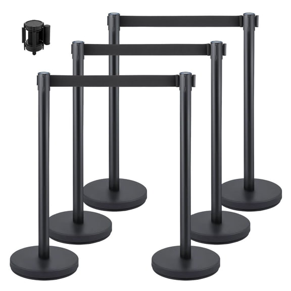 Crowd Control Stanchions, 6-Pack Retractable Barrier Set - 6.6ft Black Belts, Stainless Steel Posts with Concrete Bases - Easy Connect for Events, Airports, Museums