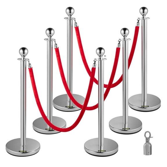 Crowd Control Stanchions 6-Pack, Silver Posts with 5ft Velvet Ropes - 201 Stainless Steel Queue Barriers for Events, Museums, Theaters, Red Carpet