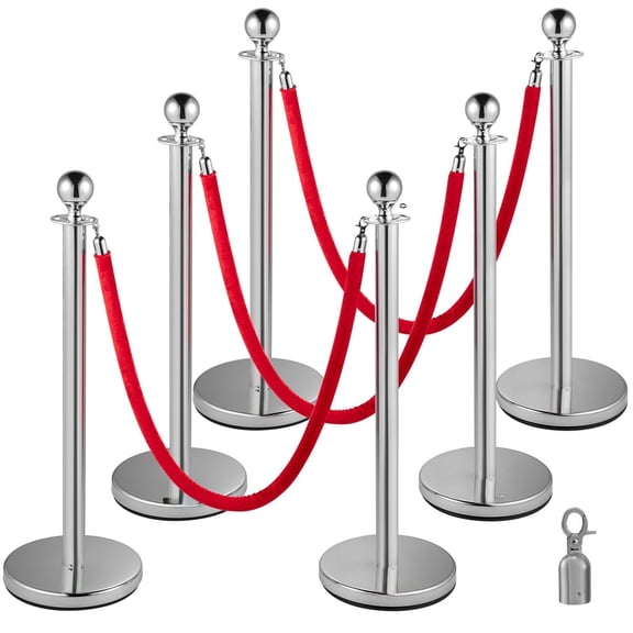 Crowd Control Stanchions 6-Pack, Silver Stainless Steel Queue Posts with 5ft Red Velvet Ropes, Heavy Duty Indoor/Outdoor Barrier for Events & Line Management