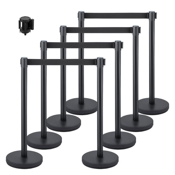 Crowd Control Stanchions 8-Pack, 6.6ft Retractable Belt Barriers, Black Stainless Steel Post Set for Queue Management, Event Security, Airports, Banks, Concerts