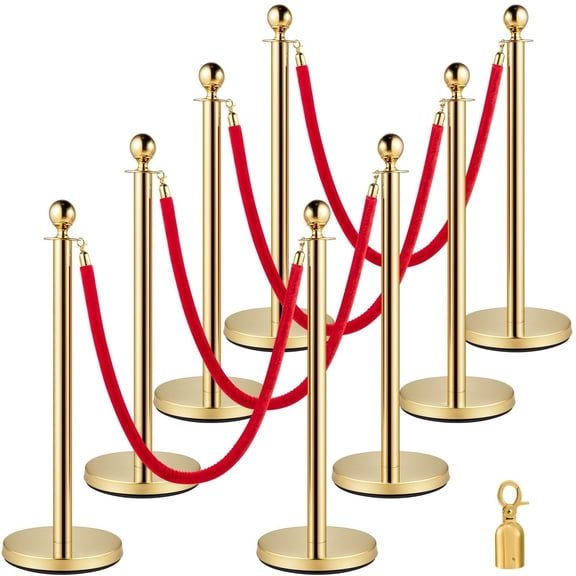 Crowd Control Stanchions 8-Pack, Retractable Belt Barrier with 5ft Red Ropes, Stainless Steel Queue Posts with Concrete Base for Event, Theater, Hotel