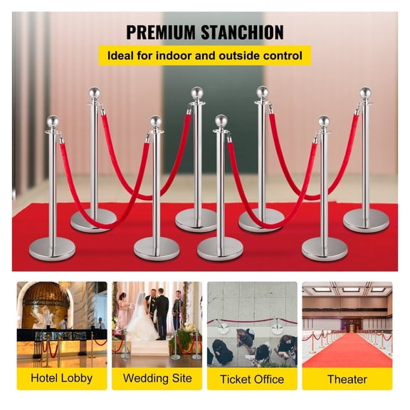 Crowd Control Stanchions, 8 Pcs Silver Stanchion Set with 5ft Velvet Rope, Heavy Duty Stainless Steel Barrier Posts for Events, Museums, Theaters, & Red Carpets