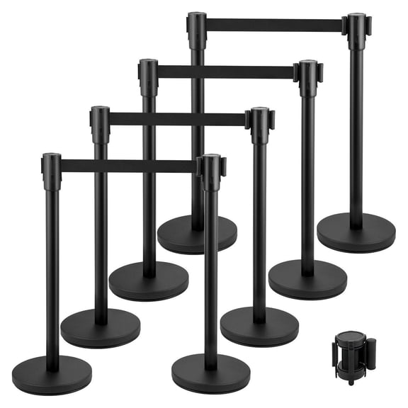 Crowd Control Stanchions, 8-Piece Set with 6.6ft Retractable Belts - Black Barriers for Queue Management, Events, Airports, Banks - Stainless Steel & Concrete Base