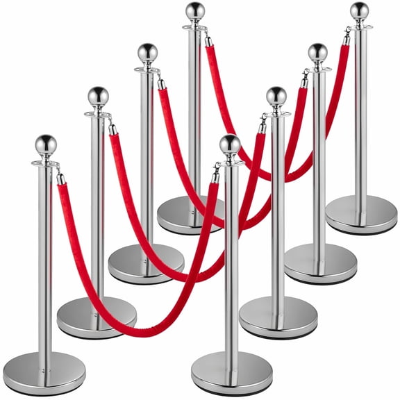 Crowd Control Stanchions Set of 8, Silver Post with 5ft Red Velvet Rope, Heavy Duty Metal Base Barriers for Events, Museums, Theaters, Restaurants