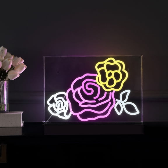 Crowd Of Roses 15" X 10.3" Contemporary Glam Acrylic Box USB Operated LED Neon Light, Pink/White/Yellow