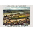 thumbnail image 1 of Crowd along railroad tracks with people on bicycles in foreground; tents, bicycle track, and river in background Poster Print by unknown (24 x 36), 1 of 1