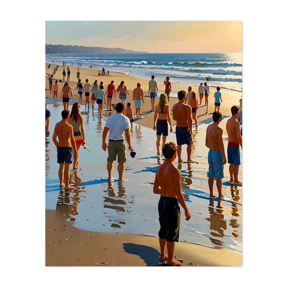 Crowded Beach Walk - India Illustration Beach Coastal Sunset Summer Seascape Waves Ocean Unframed Wall Art Print 36 x 48 inches
