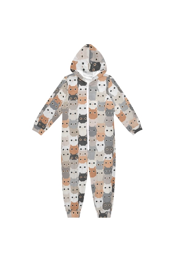 Crowded Kitty Cats One Piece Pajamas Soft Jumpsuit Cozy Sleep and Play Romper Zipper and Pockets 9Y-11Y