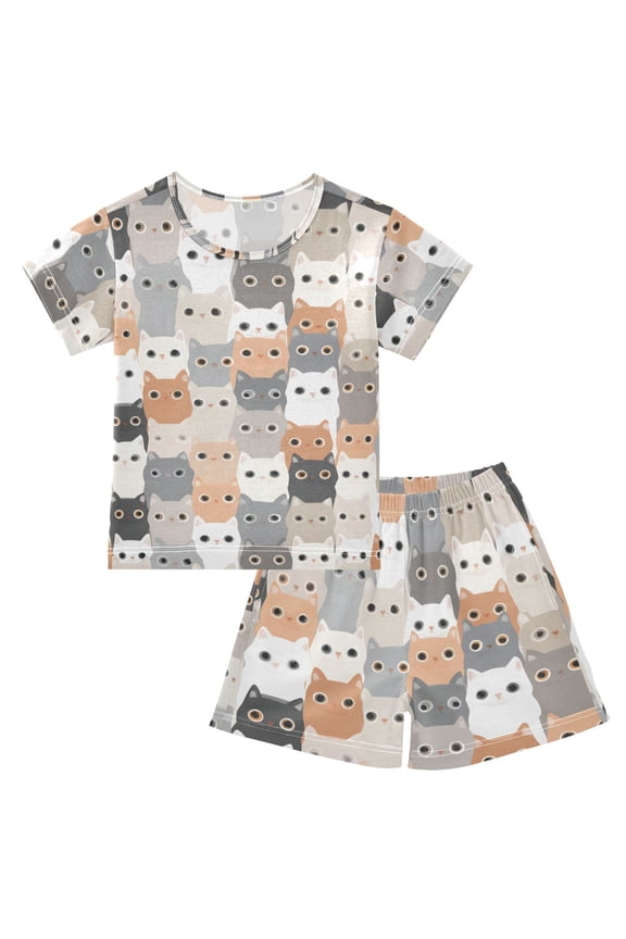 Crowded Kitty Cats Summer Pajama Set Soft Cotton Short Sleeve Sleepwear 2PCS Pajama Sets Breathable Lounge Set Size 10Y