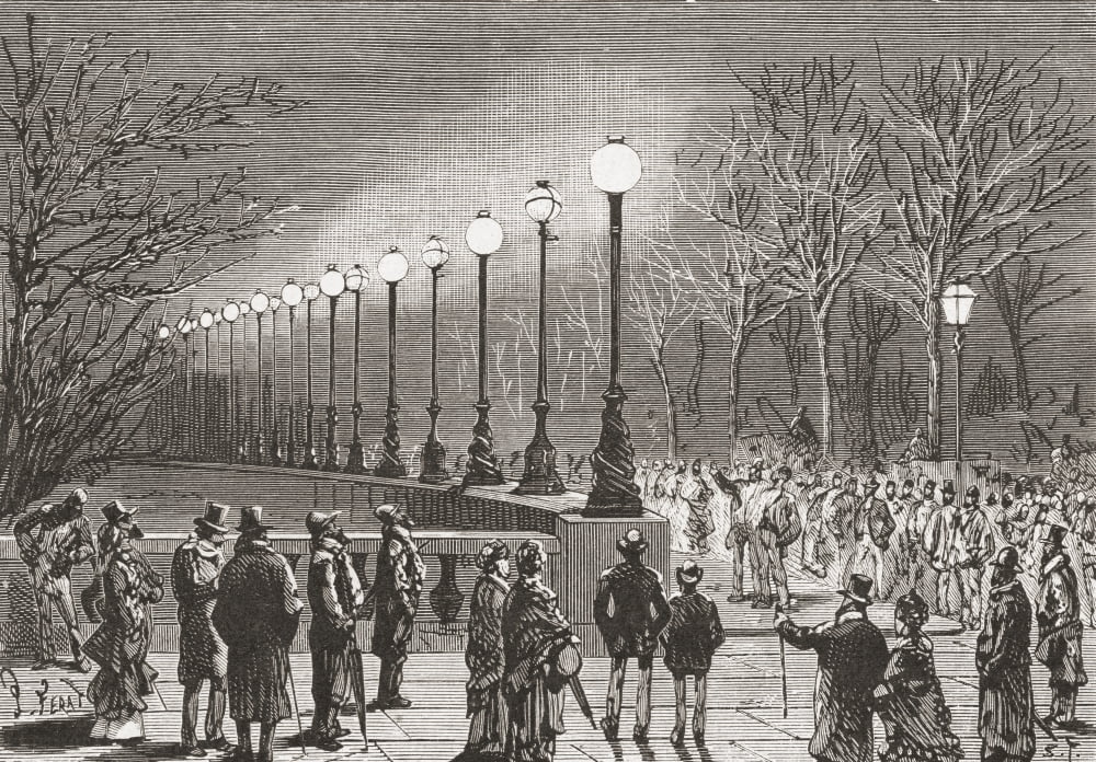 Crowds admiring the electric lights on Victoria Docks London England in the 19th century From El Museo Popular published 1887 Canvas Art - Ken Welsh Design Pics (16 x 11)