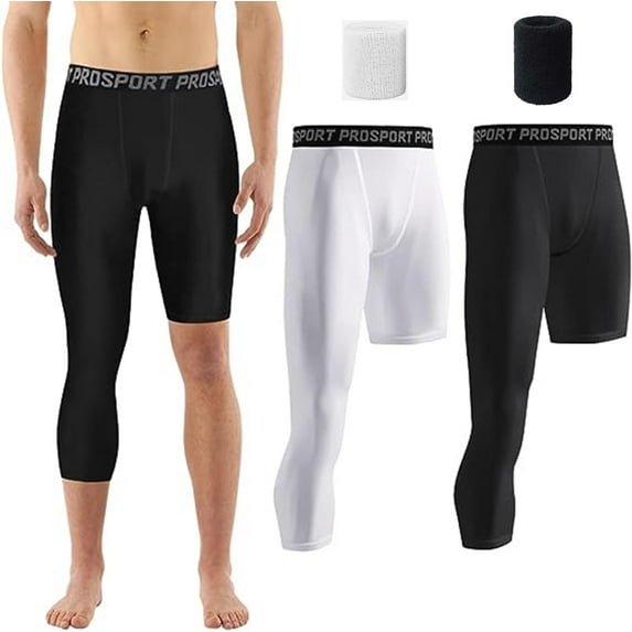 Crowdstage One Leg Compression Tights for Basketball 3/4 Compression Pants Men Capri Leggings Athletic Base Layer 2 Pack