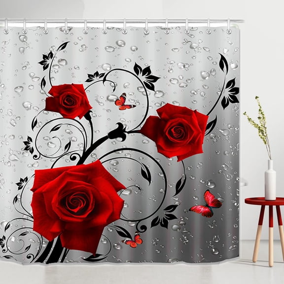 Crowdstage Red Rose Shower Curtain 79 x 71 Inch Retro Rose Floral Decorative Bath Curtain Polyester Fabric Waterproof Bathroom Curtain with 12 Hooks