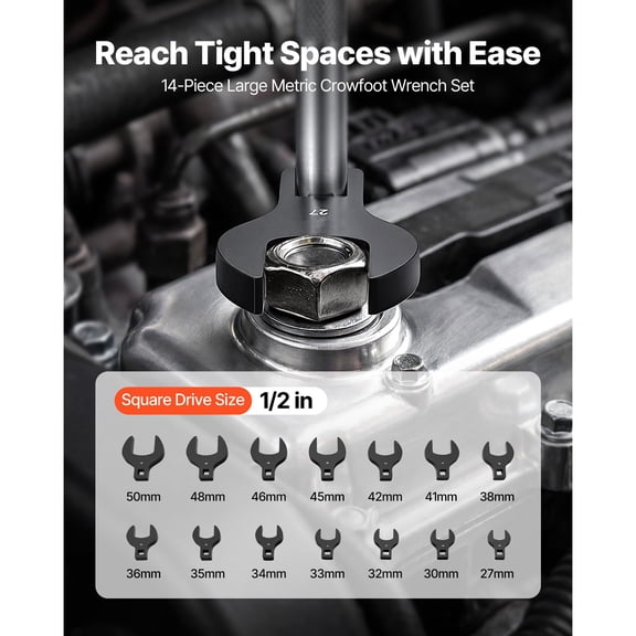 Crowfoot Wrench Set, 1/2" Drive, 14-Piece Metric 27 to 50 mm Crows Foot Wrenches, with Storage Tray, Dual Size Markings on Tools and Tray, for Auto Maintenance or Repairs