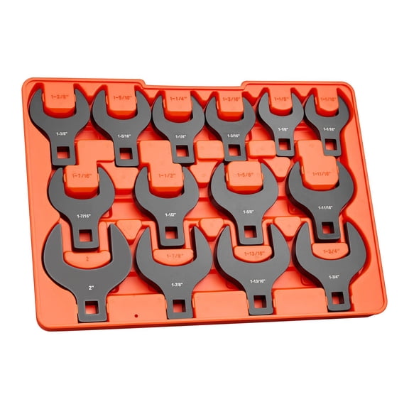 Crowfoot Wrench Set, 1/2 Inch Drive, 14-Piece SAE 1-1/16 to 2 Inch, Storage Tray, Dual Size Markings, for Automotive Repair