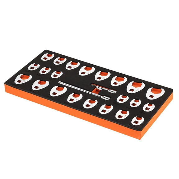 Crowfoot Wrench Set 22-Piece 11 Metric + 11 SAE 3/8" Drive CR-MO Steel Chrome-Plated EVA Tray for Automotive Repair