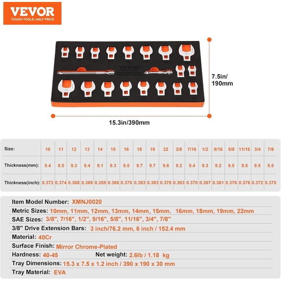Crowfoot Wrench Set, 3/8" Drive 20-Piece Crows Foot Wrench Set with 2 Extension Bars and EVA Tool Organizer,40CR Material with Mirror Chrome Finish, SAE 3/8"-7/8" and Metric 10-22 mm