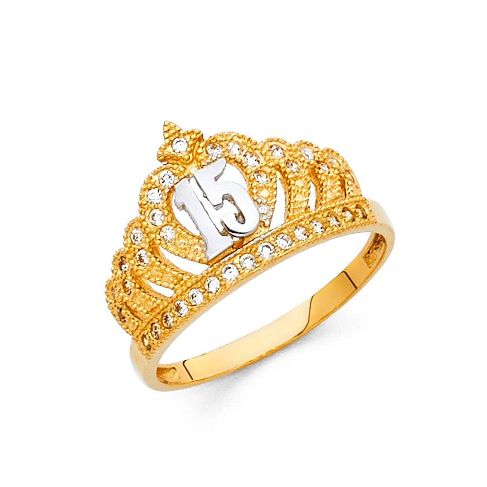 Crown 15 Quinceanera Ring Solid 14k Yellow Gold Princess Quince Band CZ