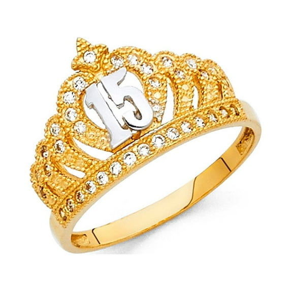 Crown 15 Quinceanera Ring Solid 14k Yellow Gold Princess Quince Band CZ Tiara Stylish Polished, Size 7.5