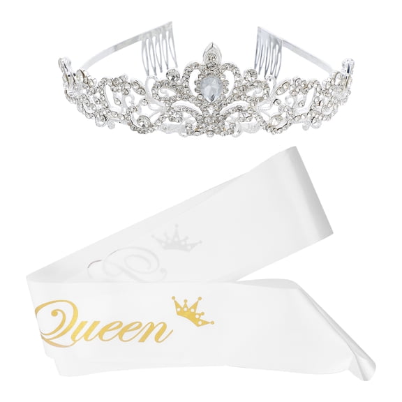 Crown,2Pcs Prom Queen Sash And Crystal Rhinestones Crown Set Wedding Party Headdress