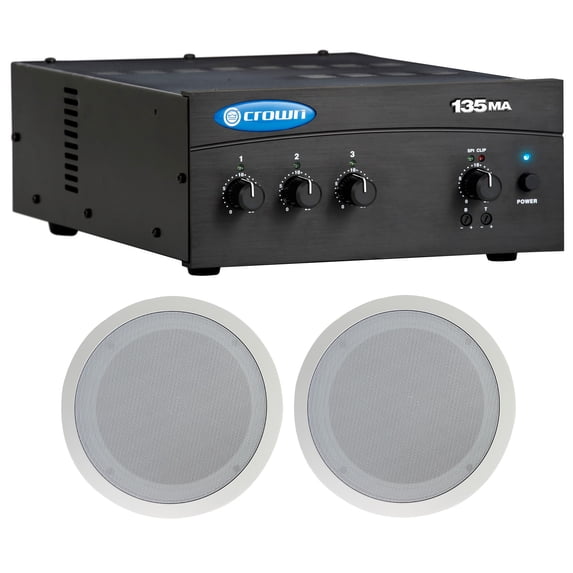 Crown 70v Amplifier+(2) White 8" Commercial Ceiling Speakers 4 Restaurant/Office