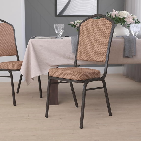 Crown Back Banquet Chair, Gold Diamond Pattern Fabric Padded Stackable Event Chair, Gold Vein Metal Frame Heavy Duty Upholstered Dining Chair for Wedding Banquet Restaurant Conference