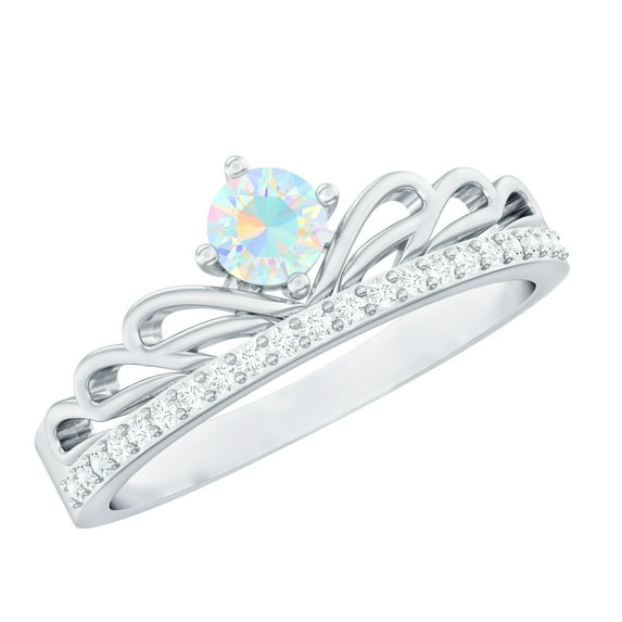 Rosec Jewels Crown Band Ring with Ethiopian Opal and Diamond for Women - AAA Quality, 10K White Gold, US 5.00
