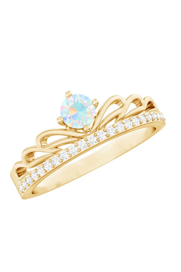 Crown Band Ring with Ethiopian Opal and Diamond for Women - AAA Quality, 10K Yellow Gold, US 6.00