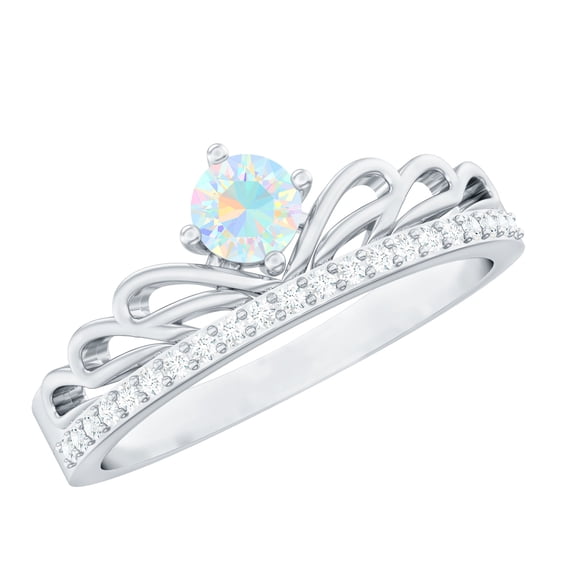 Rosec Jewels Crown Band Ring with Ethiopian Opal and Diamond for Women - AAA Quality, 14K White Gold, US 7.00