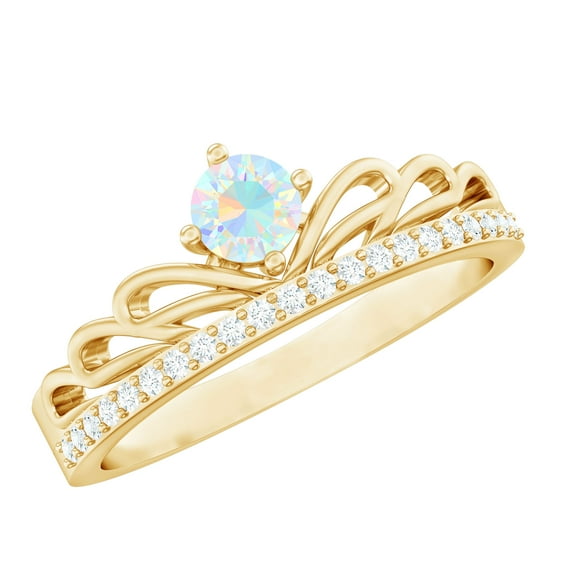 Rosec Jewels Crown Band Ring with Ethiopian Opal and Diamond for Women - AAA Quality, 18K Yellow Gold, US 4.50