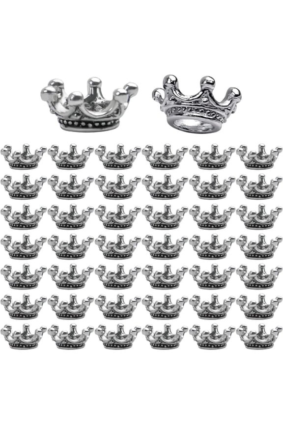 Crown Beads,50pcs Antique Silver Crown Spacer Beads King & Queen Crown Loose Beads with 6mm Hole for Bracelet Necklace Jewelry Making and Crafting