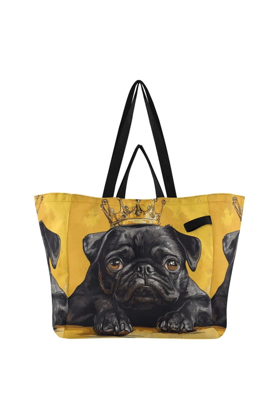 Crown Black Pug Dog Canvas Tote Bag Large Capacity Reusable Tote with Double Handles, Foldable Heavy Duty Shopping Beach Laundry Bag, 32L