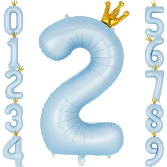 Crown Blue Number 2 Balloon 40 Inch, Big Large Foil Helium Number Balloons, Jumbo Giant Mylar Number 2 Balloons for 2 Second Birthday Party Decorations Supplies Anniversary Celebration