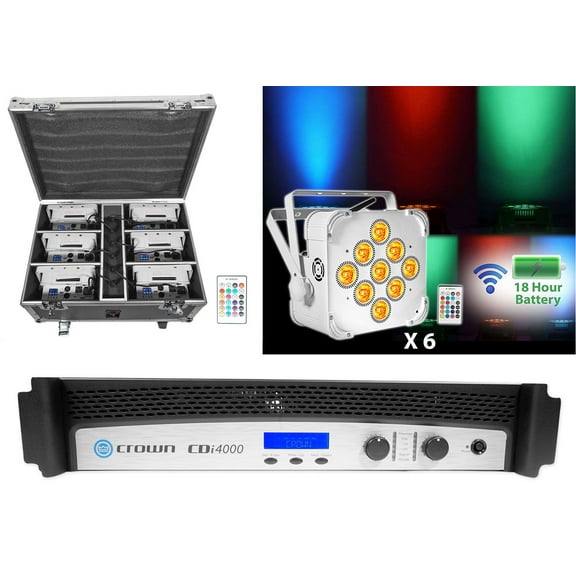 Crown CDi4000 2-Ch. 1200w Power Amplifier Amp+(6) White Wireless Par Lights+Case