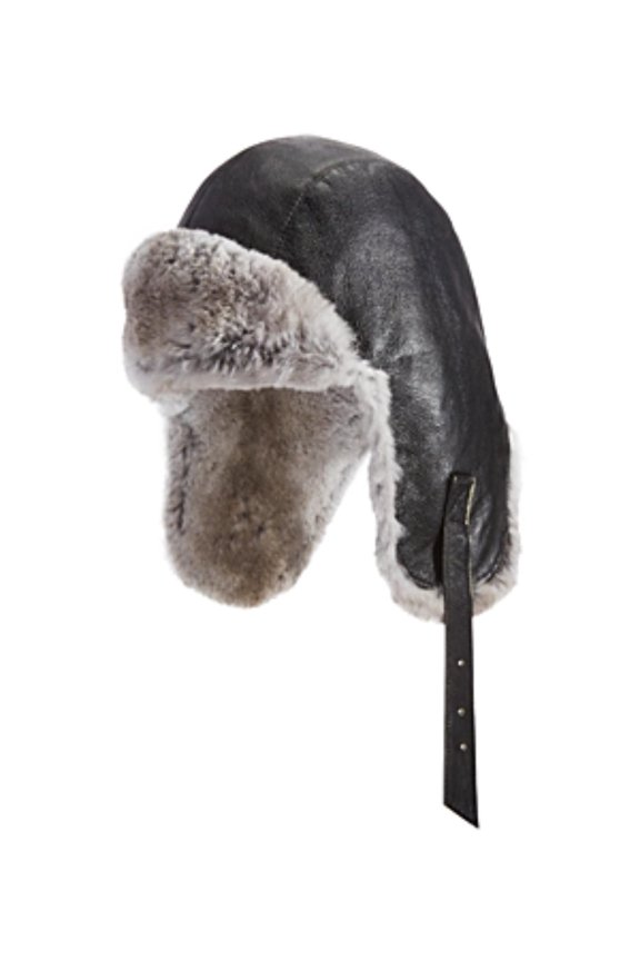 2-97630 Vintage-Like Aviator Hat, Black Cowhide Leather, Adjustable Chin Strap, Size: L