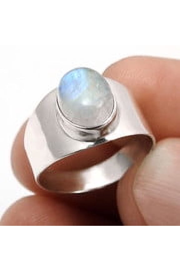 Crown Chakra Rainbow Moonstone Gemstone Band Bezel Ring 925 Sterling Silver Size 6