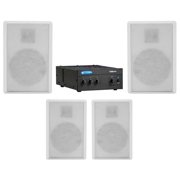 Crown Commercial Amplifier+(4) Slim White Wall Speakers for Restaurant/Bar/Cafe