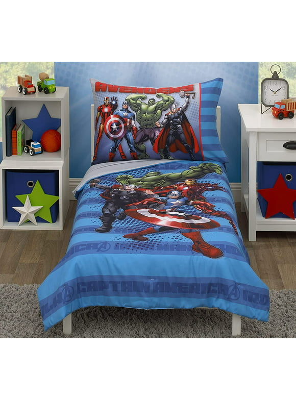 Crown Crafts Marvel Avengers 4 Piece Bedding Sets, Toddler Bed with Bedspread, Fitted Bottom Sheet, Flat Top Sheet, Pillowcase