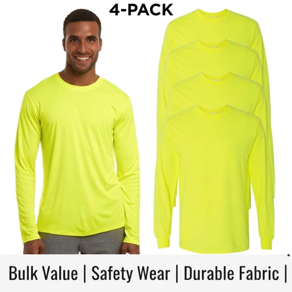 Crown Craze® Men’s High Visibility Long Sleeve T-Shirt, Hi Vis Safety Work Tee (Safety Green 4 Pack, M)