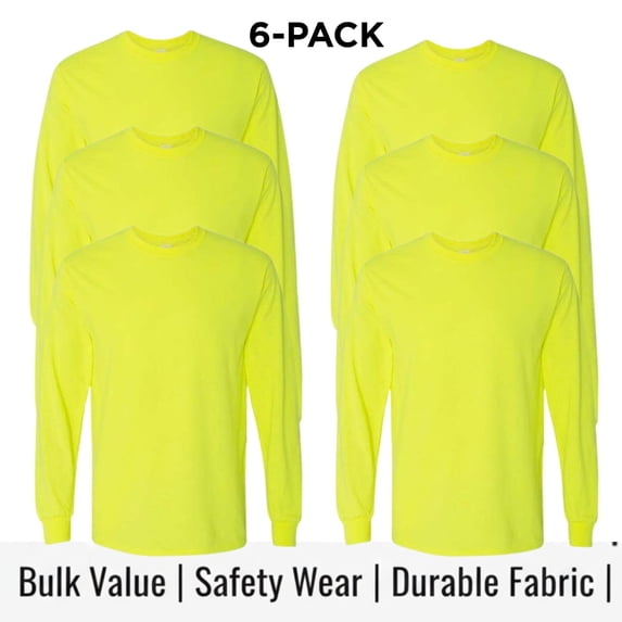 Crown Craze® High Visibility Work Shirts for Men, Hi Vis Long Sleeve Safety Tee (Safety Green 6 Pack, S)
