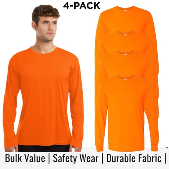 Crown Craze® Men’s High Visibility Long Sleeve T-Shirt, Hi Vis Safety Work Tee (Safety Orange 4 Pack, L)